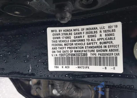 2019 Honda Civic Lx from USA, damaged, VIN 19XFC2F69KE023389